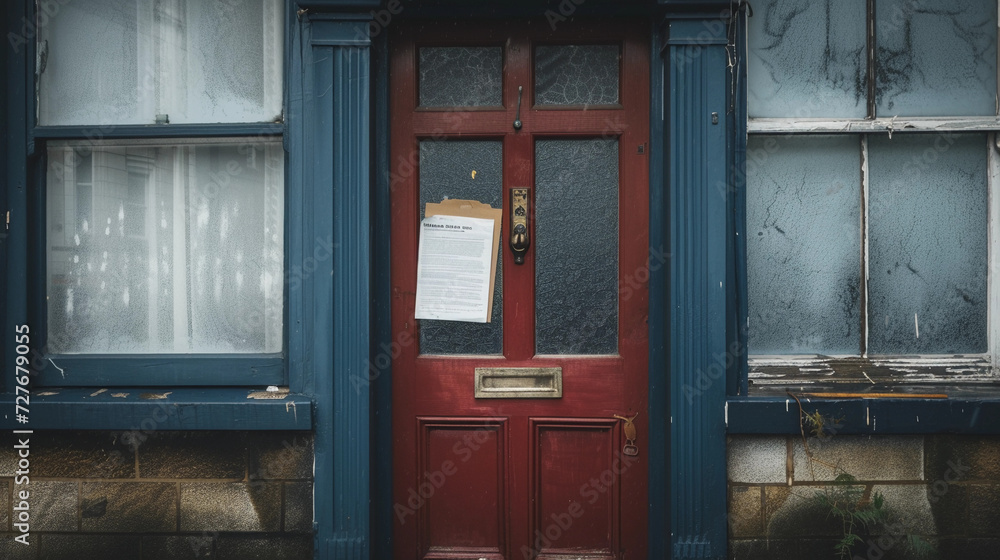 eviction notice attached to the front door of a family home, with unpaid rent and utility bills visible through the door's window, a sense of abandonment and despair, overcast weather
