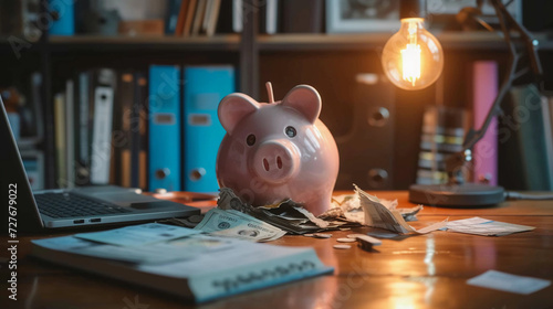 empty piggy bank broken open on a table, surrounded by financial planning books and a laptop showing a negative bank balance, a single lightbulb overhead casting shadows, symbolizing financial ruin