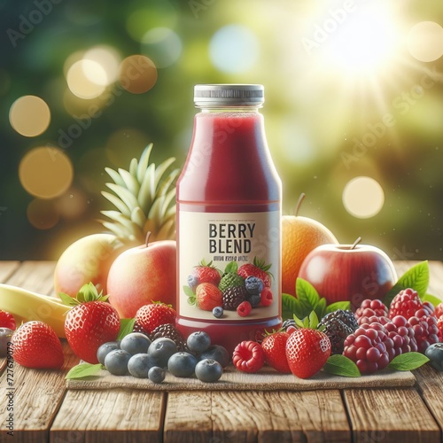 Berry blend bottled juice with fresh fruits on wooden table