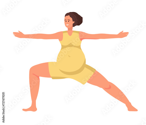 Pregnant woman doing yoga. Woman makes Virabhadrasana II pose, warrior pose during pregnancy. Women healthy lifestyle and exercise. Sporty woman practicing a healthy workout routine.Good for mum