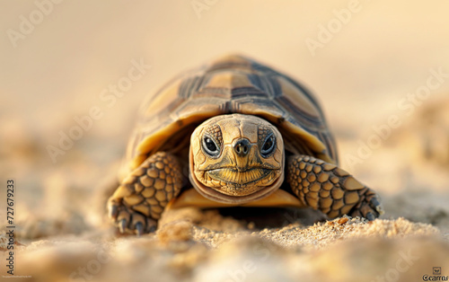 Cute tortoise crawing on the sand.Generative AI photo