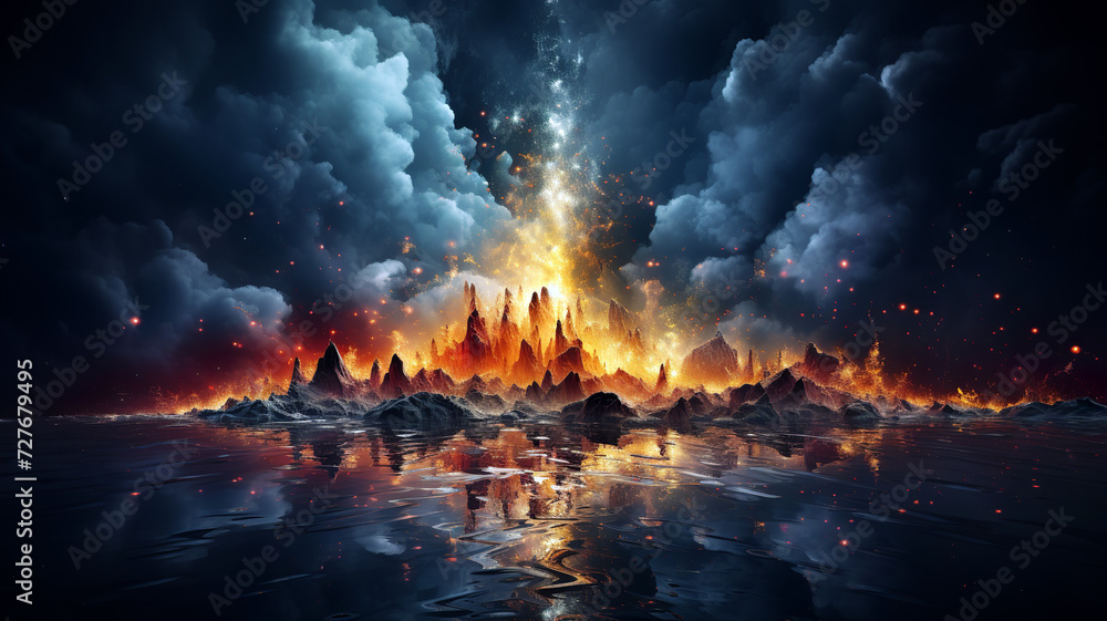 Dramatic and powerful fantasy landscape of fiery volcanic mountains under a stormy sky erupting with lava, reflected in dark waters. AI generated.