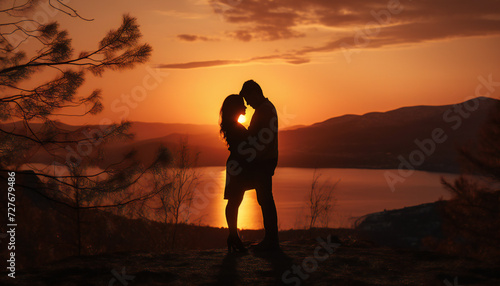 Recreation of a lover couple loving each other at sunset photo