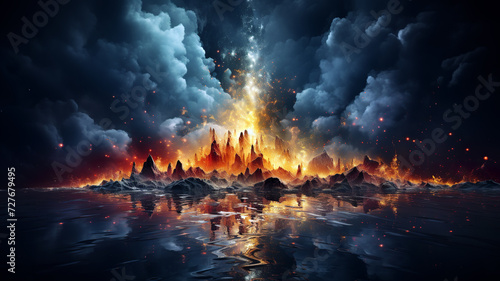 Canvas Print Dramatic and powerful fantasy landscape of fiery volcanic mountains under a stormy sky erupting with lava, reflected in dark waters