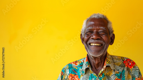 Happy african american senior man looking at camera. Photo of retired old man shiny smile excited wear colorful clothes isolated yellow color background. gray-haired senior hipster