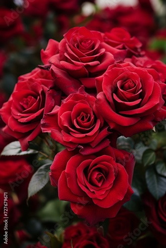 close-up of growing red rose flowers