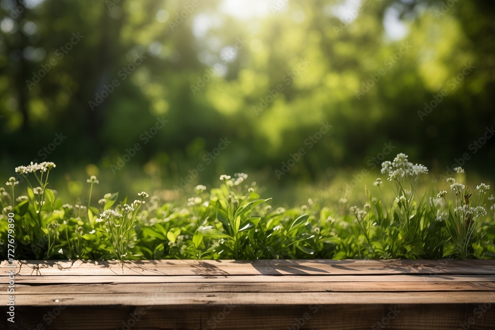 Beautiful spring natural background with green fresh juicy young grass and empty wooden table in nature morning outdoor. Beauty bokeh and sunlight. Beautiful spring natural background with green fresh juicy young grass and empty wooden table in nature morning outdoor. Beauty bokeh and sunlight.
