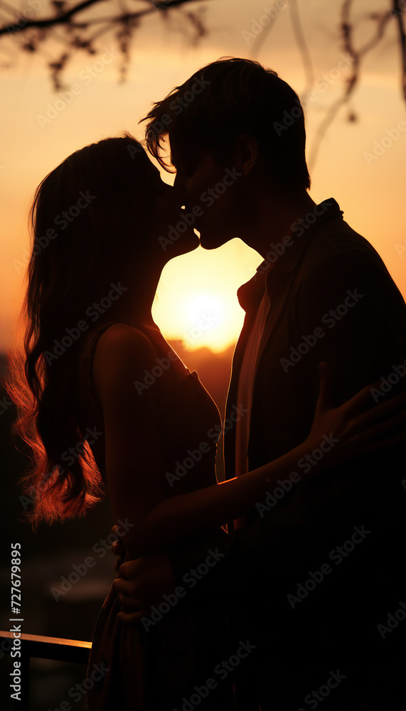 Vertical recreation of a lover couple loving and kissing each other at sunset