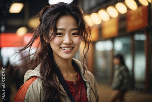 happy young korean woman in urban nightlife