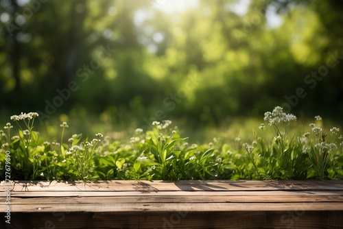 Beautiful spring natural background with green fresh juicy young grass and empty wooden table in nature morning outdoor. Beauty bokeh and sunlight. © Kristina