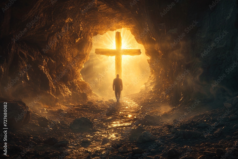 As the heat of the flame flickered against the cave walls, a lone figure ventured deeper into the darkness, their cross serving as a guiding light in the night - obrazy, fototapety, plakaty 