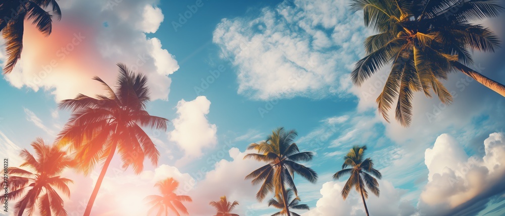 Top of wood table with seascape and palm leaves, blur bokeh light of calm sea and sky at tropical beach background. Empty ready for your product display montage. summer vacation background concept.