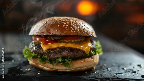 Burger, posé sur une ardoise, salade steak, tomate, bacon, illustration ia générative photo