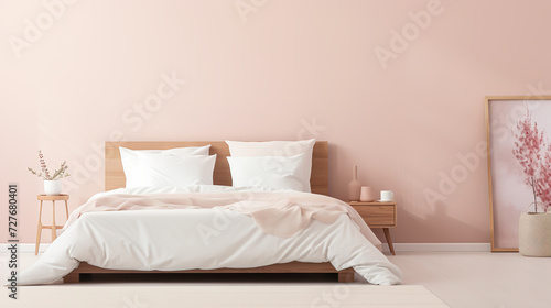 Bedroom in the Trending color of 2024. Peach tones. Bedroom design. © Irina