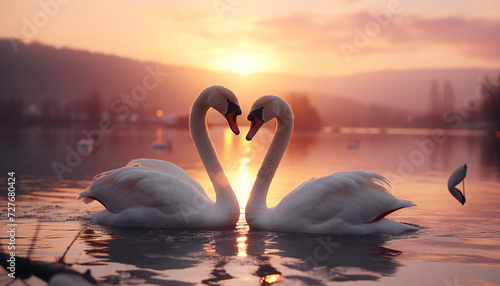 Fototapeta Naklejka Na Ścianę i Meble -  Recreation of two white swans with their necks forming the figure of a heart