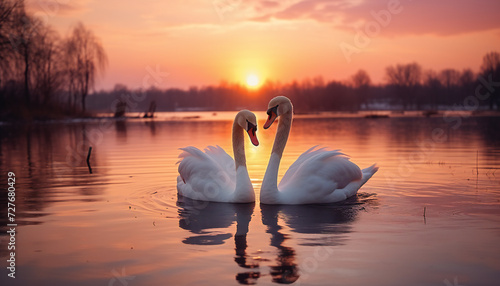 Fototapeta Naklejka Na Ścianę i Meble -  Recreation of two beautiful white swans in a lake at sunset
