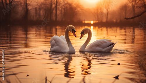 Recreation of two beautiful white swans with their necks forming a heart in a lake at sunset