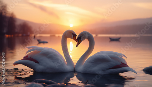 Recreation of two white swans with their necks forming the figure of a heart at sunset photo
