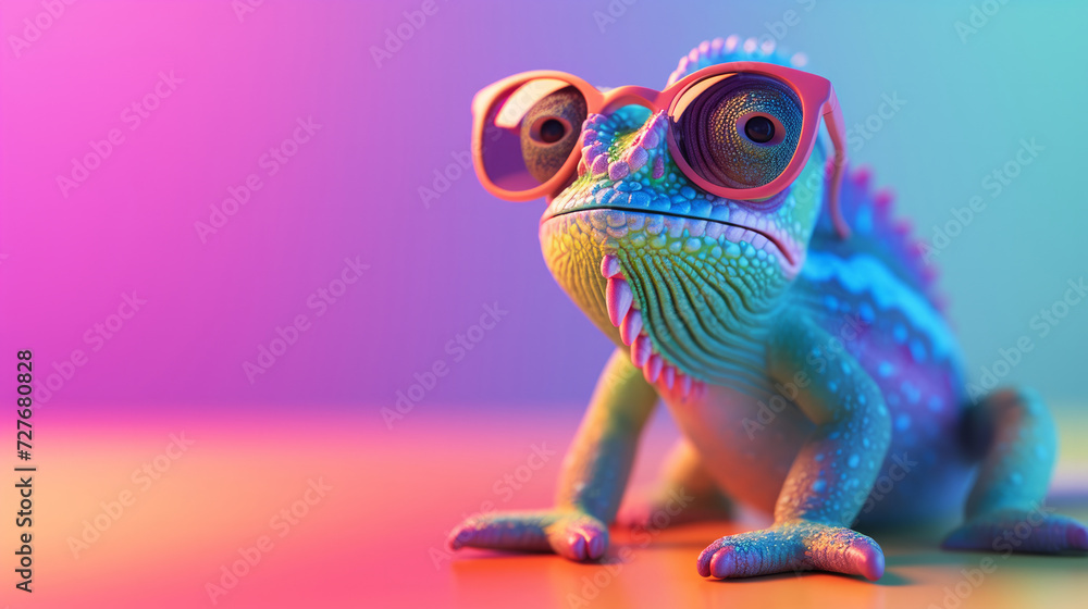 Cool chameleon wearing sunglasses on a solid color background, copy space. Cartoon chameleon with sunglasses on a rainbow background. 3d illustration, Colorful funny chameleon Cool chameleon wearing sunglasses on a solid color background, copy space. Cartoon chameleon with sunglasses on a rainbow background. 3d illustration, Colorful funny chameleon