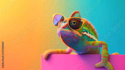 Cool chameleon wearing sunglasses on a solid color background, copy space. Cartoon chameleon with sunglasses on a rainbow background. 3d illustration, Colorful funny chameleon