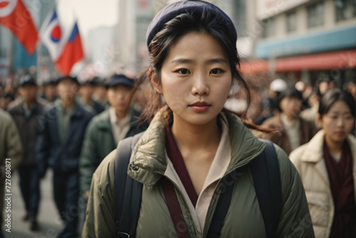 asian woman leading protest march