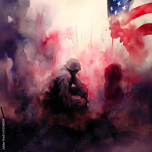 Watercolor art of an american soldier kneeling at a tomstone, USA flag, Flag Day, Veterans Day, Memorial Day, Independence Day, Patriot Day.