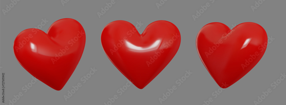 Collection Red hearts, different 3 rotation, symbol love. Valentines day card. Realistic 3d isolated on grey background. Vector illustration Collection Red hearts, different 3 rotation, symbol love. Valentines day card. Realistic 3d isolated on grey background. Vector illustration