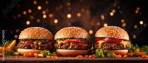 Row of fresh burgers on a wooden board