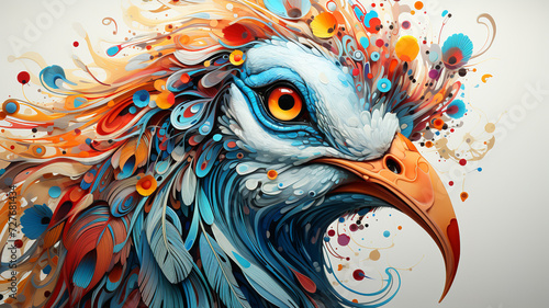Vivid digital art of an eagle with colorful and abstract design, swirling patterns and paint splatters in a dynamic and artistic composition.AI generated.