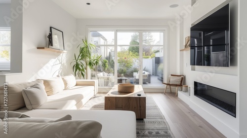 A bright and airy modern living room with stylish staircase, hardwood floors, and contemporary furniture, bathed in natural sunlight. Bright and airy Scandinavian living room. Resplendent. © Summit Art Creations