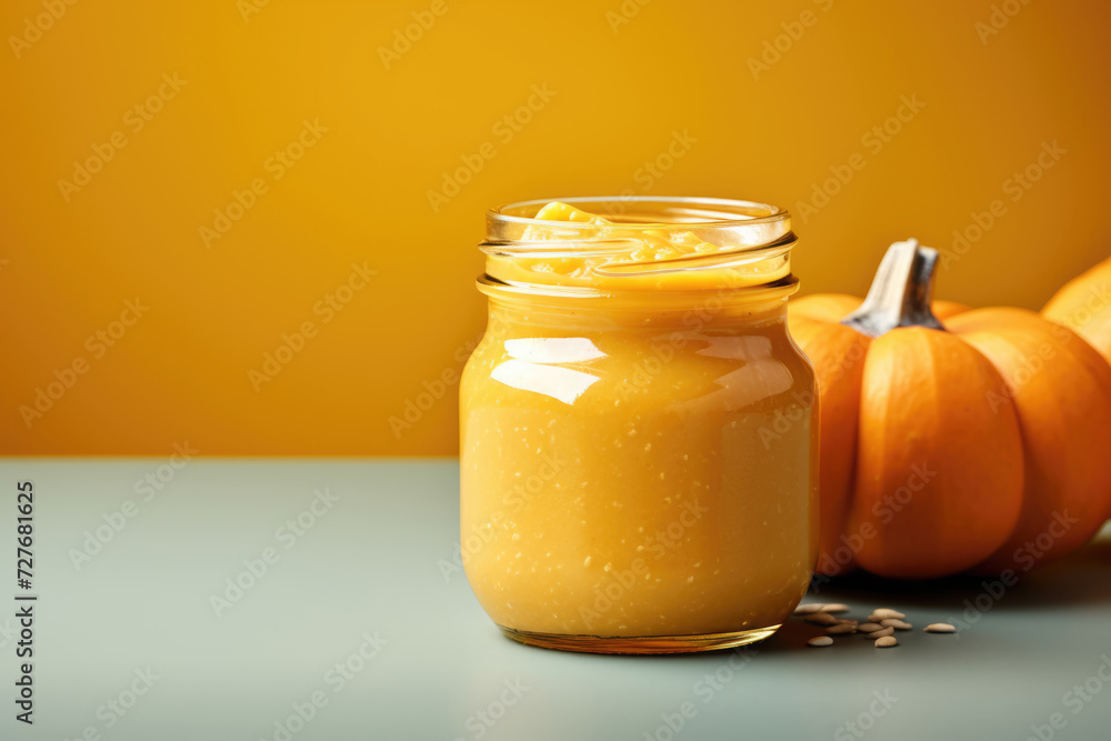 Baby pumpkin puree food in a glass jar, first complementary food, ready to eat Baby pumpkin puree food in a glass jar, first complementary food, ready to eat
