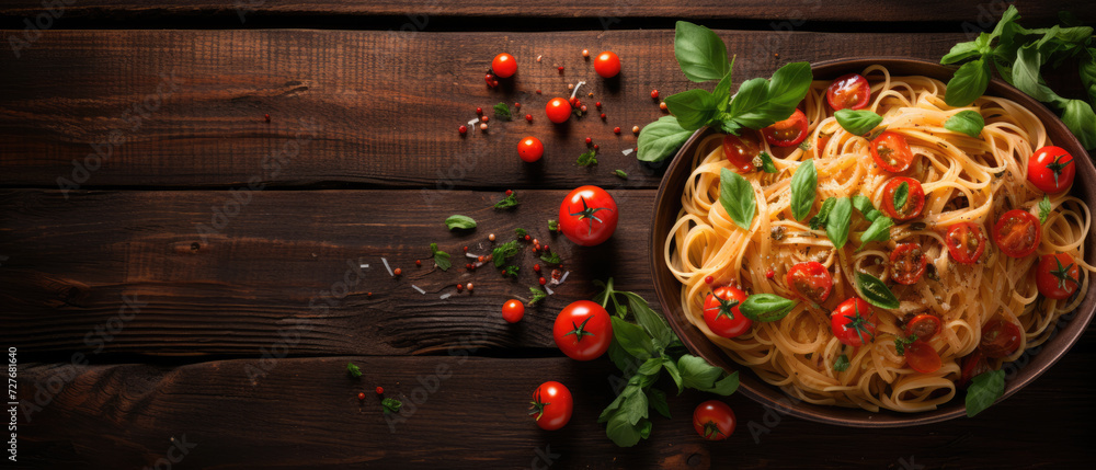 Spaghetti with tomatoes in a plate on a wooden table. Horizontal banner Spaghetti with tomatoes in a plate on a wooden table. Horizontal banner