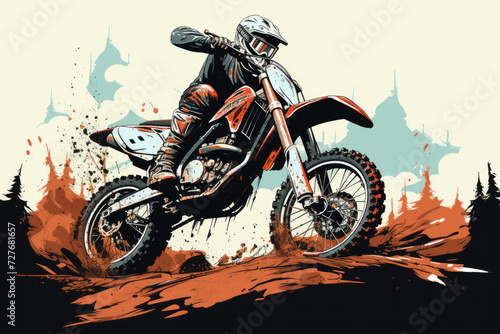 Athlete on a motocross motorcycle in grunge retro style