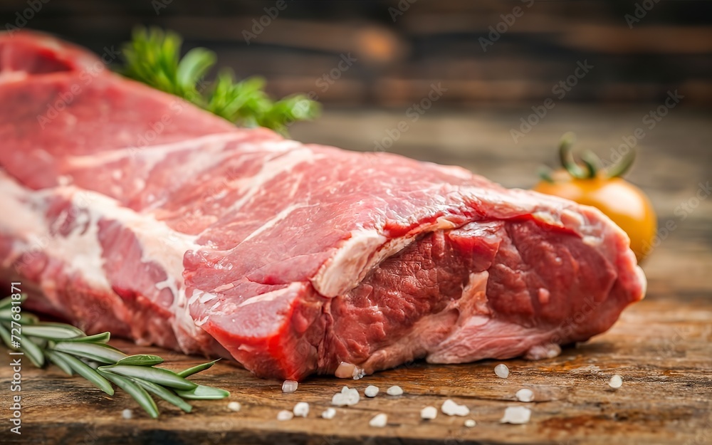 A fresh piece of raw beef on the table. On a wooden background