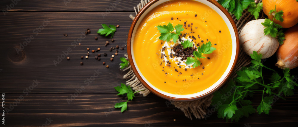 Pumpkin soup with pumpkin and autumn leaves on a wooden table, top view. Horizontal banner Pumpkin soup with pumpkin and autumn leaves on a wooden table, top view. Horizontal banner