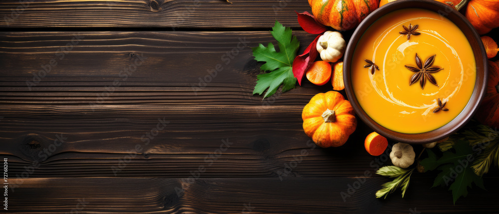 custom made wallpaper toronto digitalPumpkin soup with pumpkin and autumn leaves on a wooden table, top view. Horizontal banner