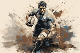 Rugby player with ball in retro grunge style drawing