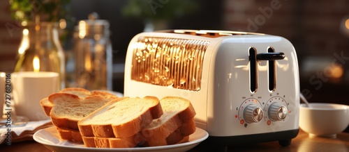 White toaster with toasted bread slices on granite table with kitchen background