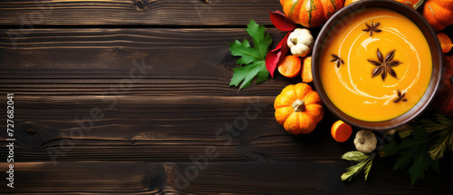 Wallpaper Mural Pumpkin soup with pumpkin and autumn leaves on a wooden table, top view. Horizontal banner Torontodigital.ca