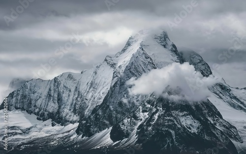 Atmospheric alpine landscape with snow-covered mountain top under snow gray sky © Ioan