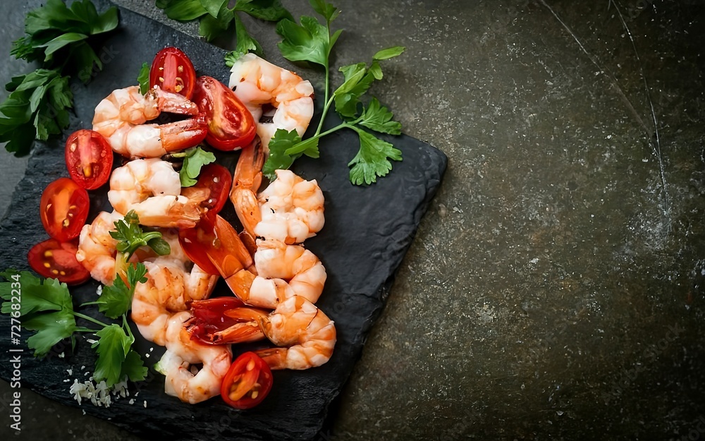 boiled shrimp on a stone board with tomatoes and parsley
