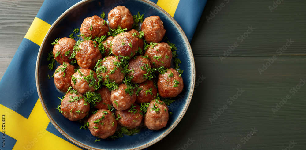 Golden brown Köttbullar, the famous meatballs, present themselves as a delicious delicacy on a traditional Swedish plate. The background of the plate reflects a Scandinavian design and Swedish colors. - obrazy, fototapety, plakaty 