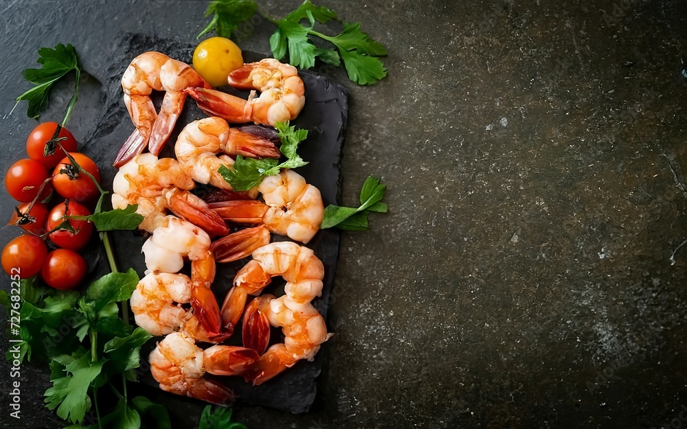 boiled shrimp on a stone board with tomatoes and parsley