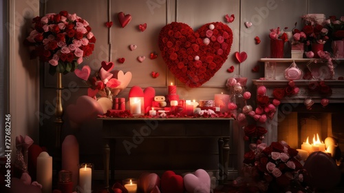 A Romantic Valentine’s Evening Illuminated by the Warm Glow of Candlelight Amidst a Sea of Red Roses and Hearts