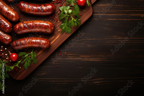 Grilled sausages with tomatoes and herbs on a wooden table. Copy space for text