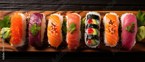 Row of different sushi on wooden background flat lay, Japanese cuisine. Horizontal banner