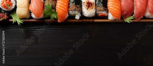 Obraz  z motywem Row of different sushi on wooden background flat lay, Japanese cuisine. Horizontal banner