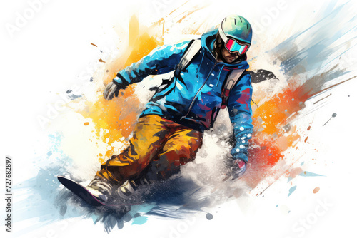 Snowboarder going down snowboard on snowy mountain photo