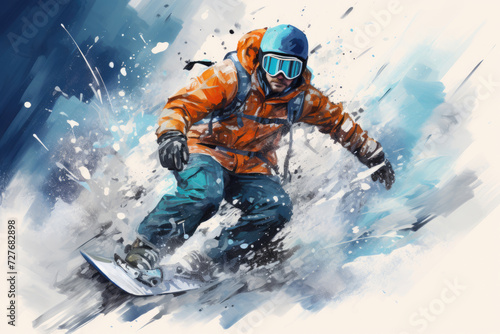 Snowboarder going down snowboard on snowy mountain