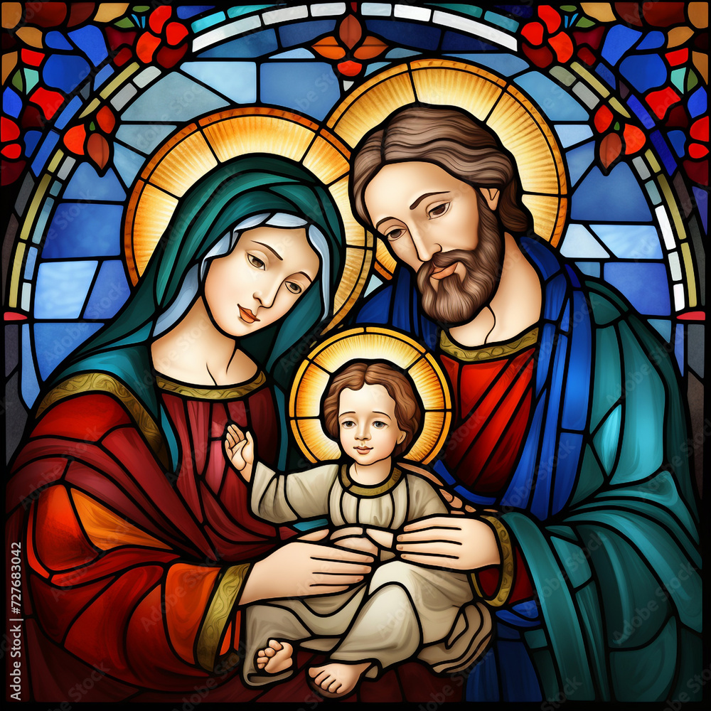 Little Jesus Christ baby with Saint Maria and saint Joseph, stained glass look, christian Icon. Orthodox or catholic illustration of the Holy family, Jesus, Holy Mary and Joseph. 